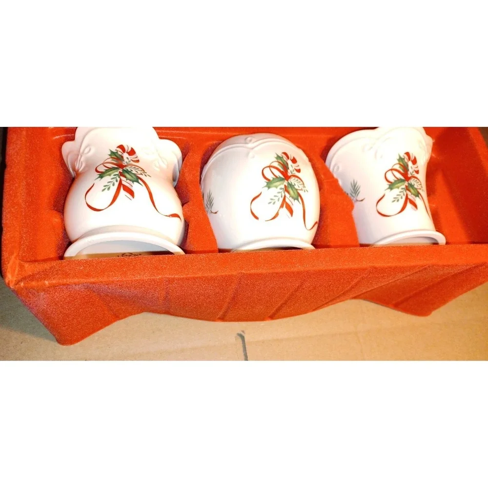 Lenox Holiday Candy Cane Votive Candle Holder Set 3 Ivory‎ Gold Trim Fine China